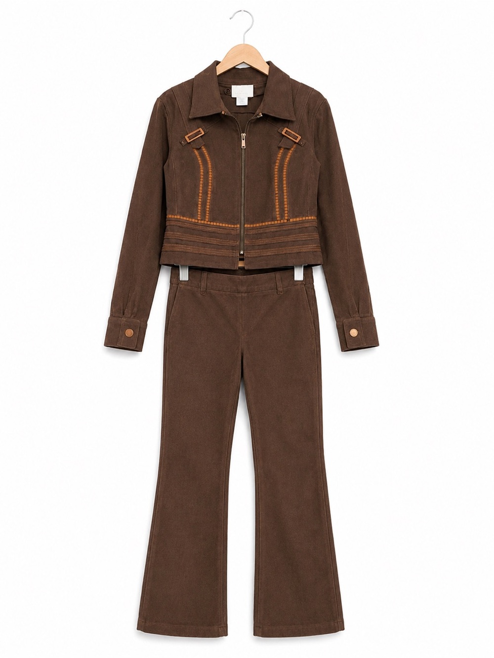 Vintage Y2K Cache Brown Two-Piece Pantsuit Set, Zip-Front Jacket & Pants